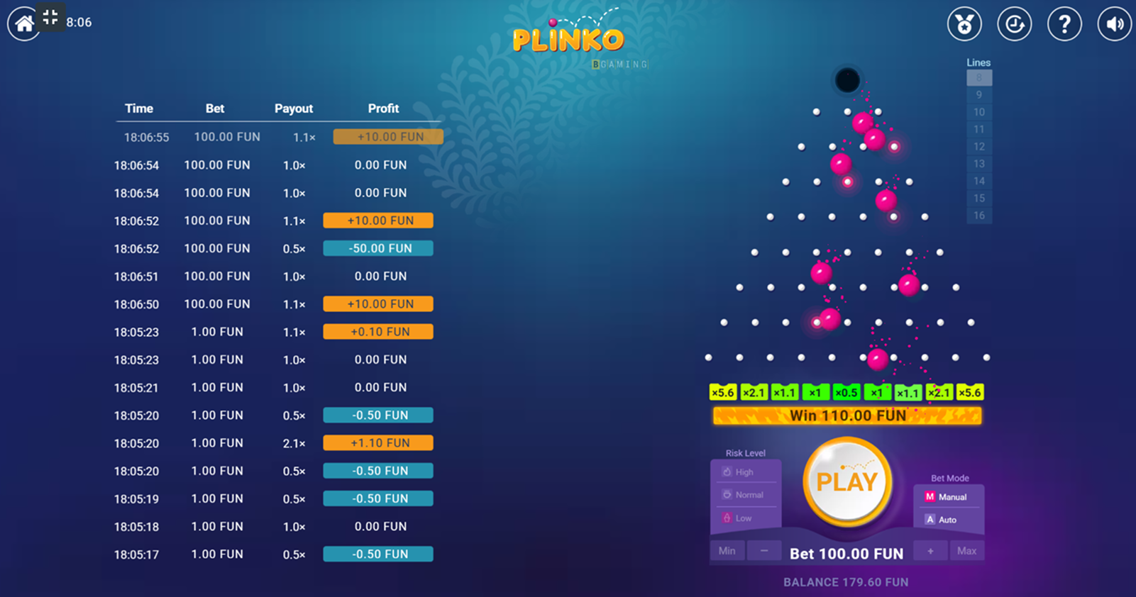 A screenshot from the game Plinko