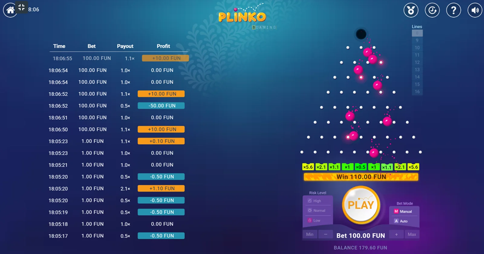 A screenshot from the game Plinko